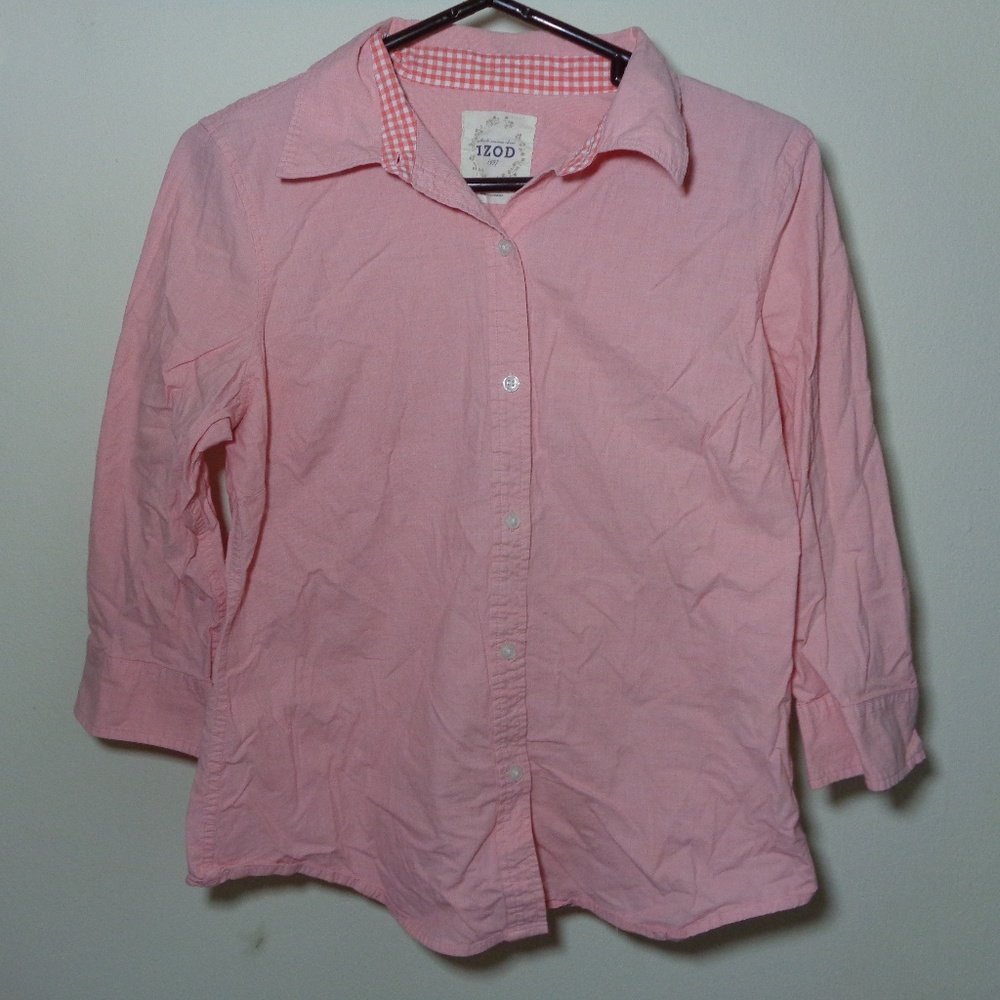 IZOD Pink Blouse Long Sleeve Size L Checked Collar